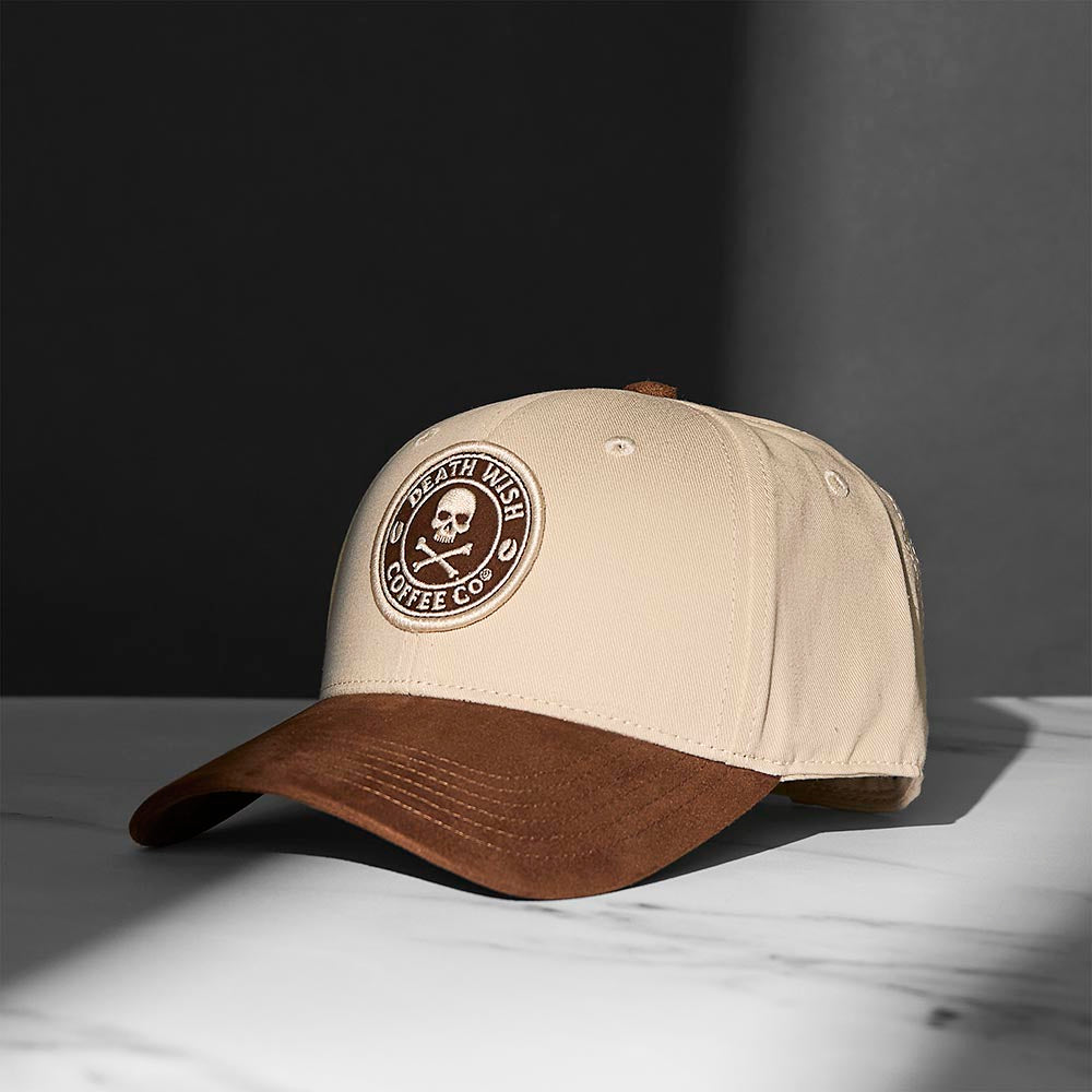 The front of the Death Wish Coffee Cream and Coffee Snapback.