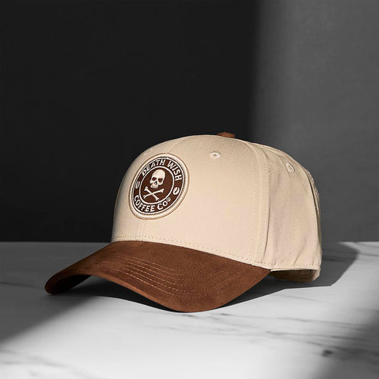 The front of the Death Wish Coffee Cream and Coffee Snapback.