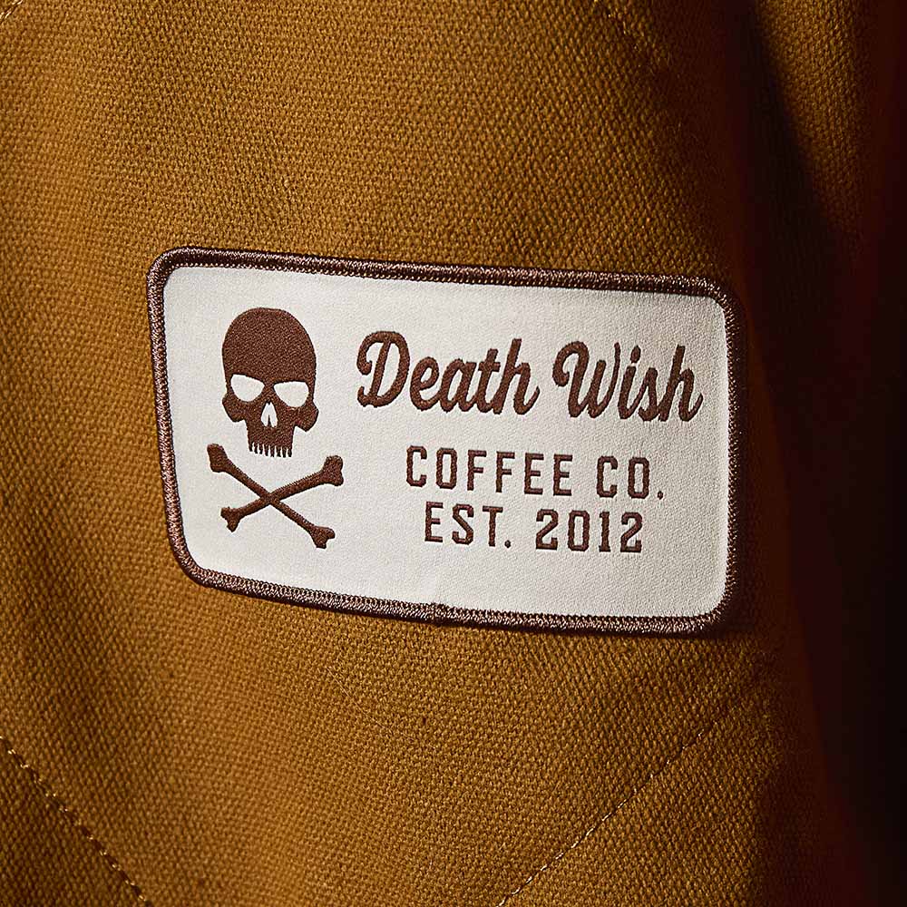 A detail shot of the Death Wish Coffee Rough Cut Canvas Jacket.