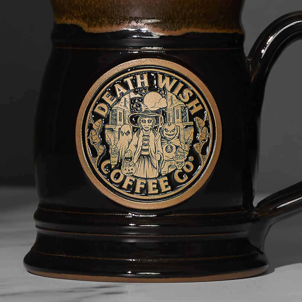 A close up of the Death Wish Coffee Trick or Treat Tankard.