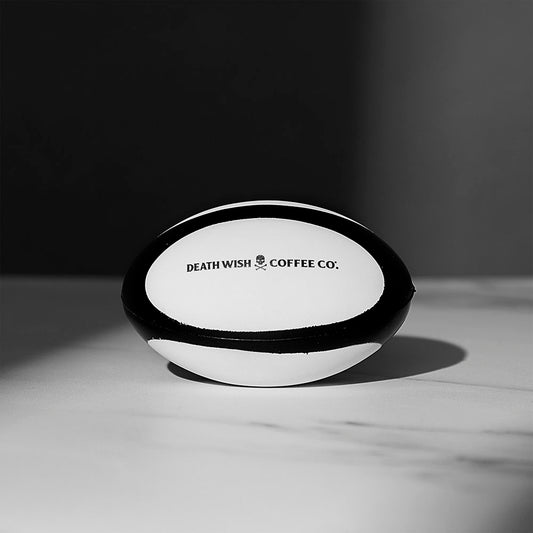 The front of the Death Wish Coffee Death Grip Stress Ball.