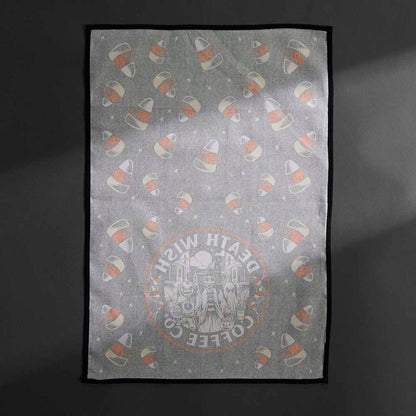 The back of the Death Wish Coffee Trick or Treat Tea Towel Set.