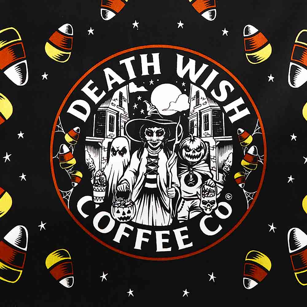 A close up of the Death Wish Coffee Trick or Treat Tea Towel Set.