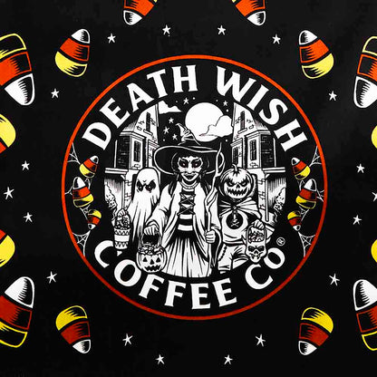 A close up of the Death Wish Coffee Trick or Treat Tea Towel Set.