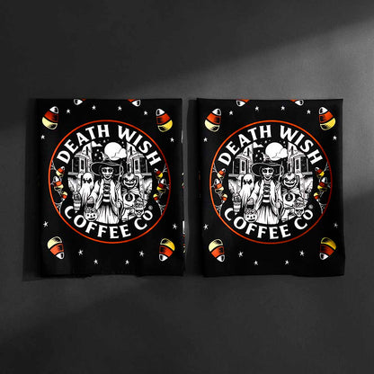 The Death Wish Coffee Trick or Treat Tea Towel Set folded.