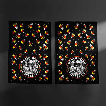 The front of the Death Wish Coffee Trick or Treat Tea Towel Set.