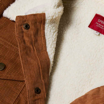 A detail shot of the Death Wish Coffee Daily Grind Women's Corduroy Workwear Jacket.