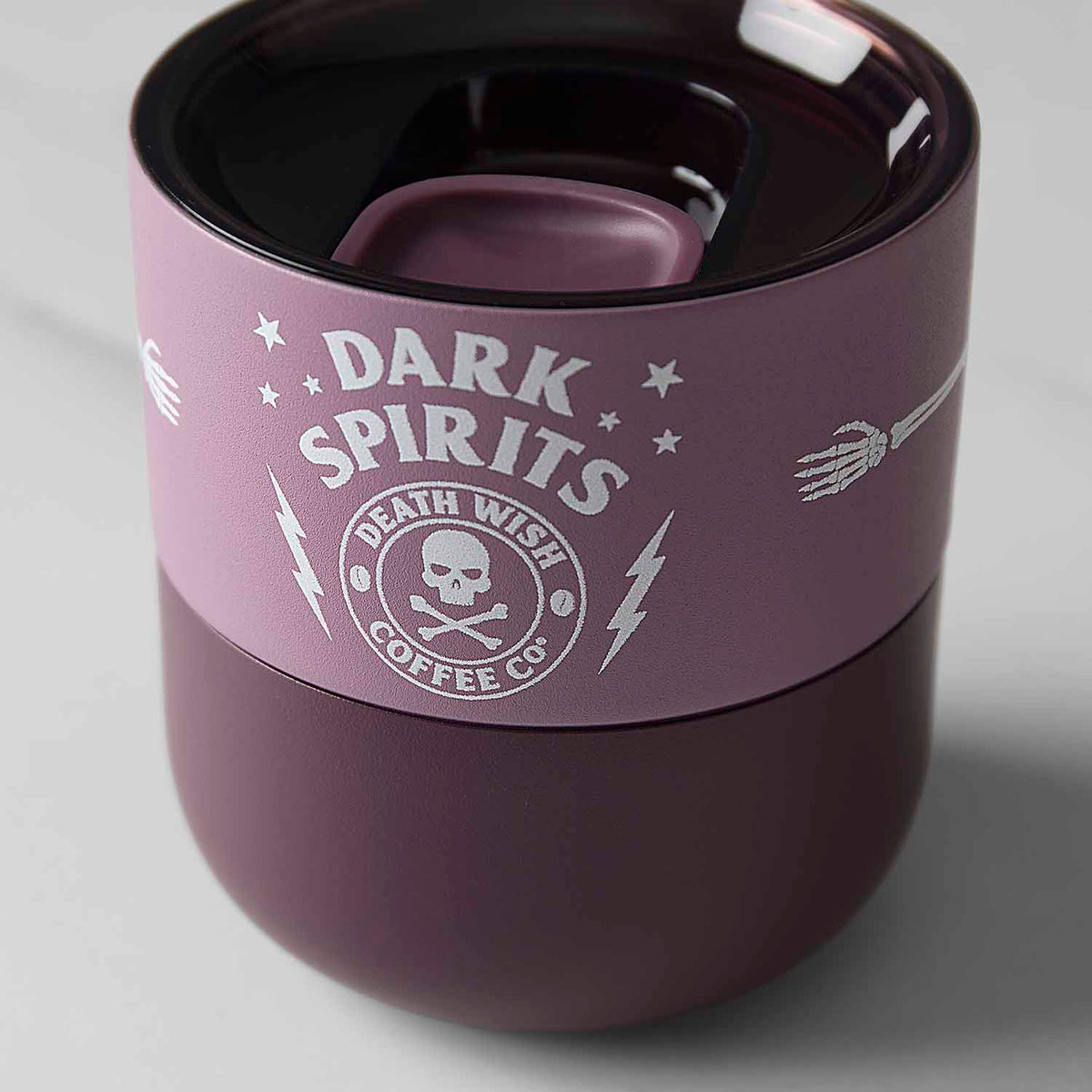 A close up of the Death Wish Coffee Dark Spirits 8oz Klean Kanteen.
