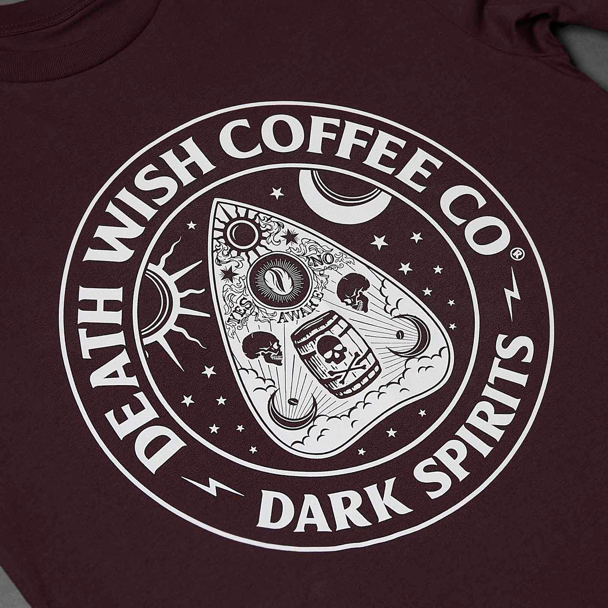 A close up of the front of the Death Wish Coffee Dark Spirits Long Sleeve.