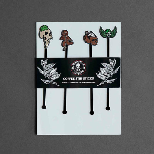 The Death Wish Coffee Flavor Skull Stir Stick Set.