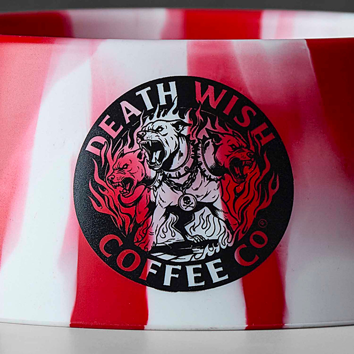 A detail shot of the Death Wish Coffee Hell Hound 1L Silicone Dog Bowl.