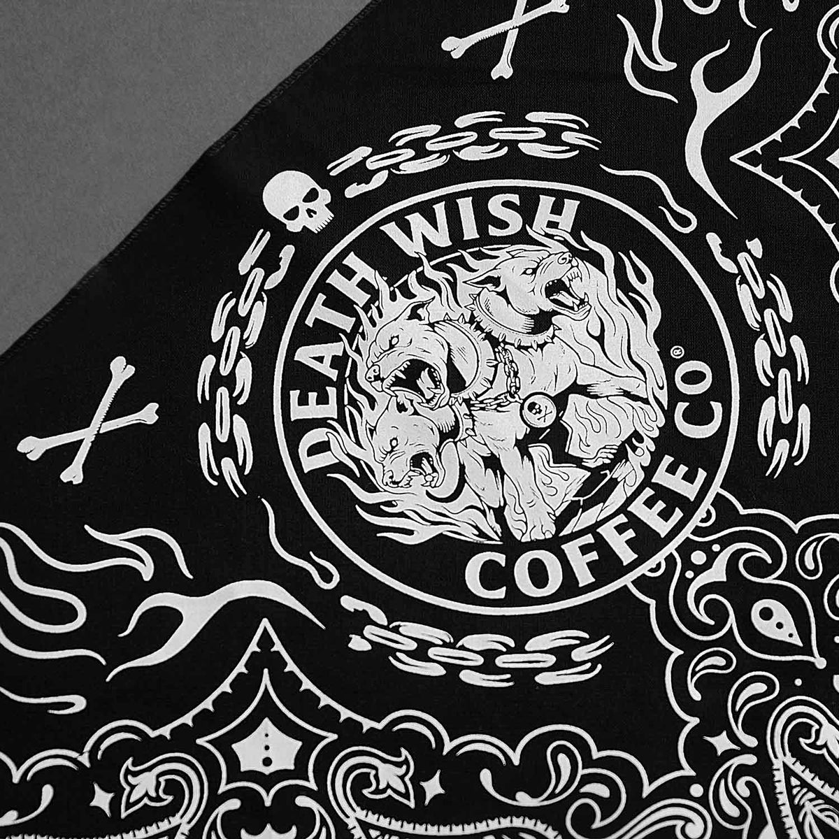 A detail shot of the Death Wish Coffee Hell Hound Pet Bandana.