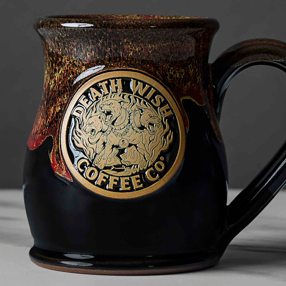 A detail shot of the Death Wish Coffee Hell Hound Mug.
