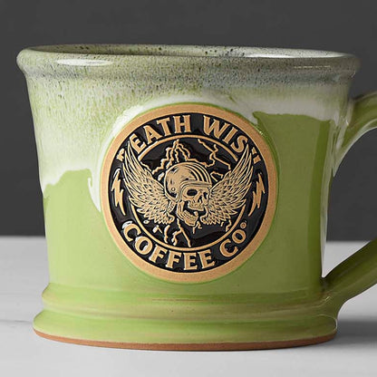 A close up of the Death Wish Coffee Power Surge Mug.
