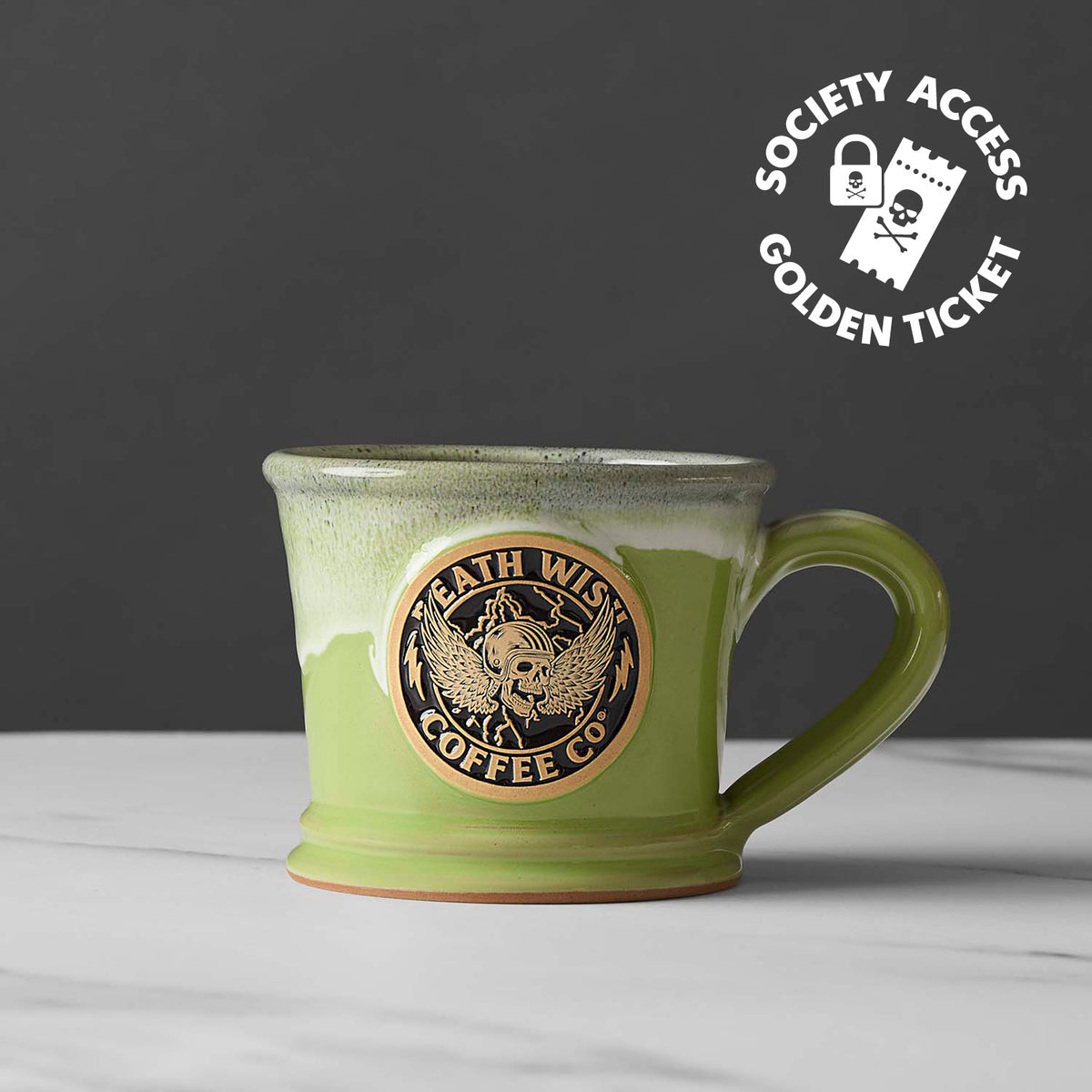 Unlock society access to the Death Wish Coffee Power Surge Mug for a chance to win a Golden Ticket Mug.