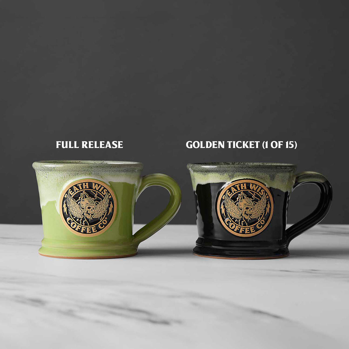 The Death Wish Coffee Power Surge Mug and black Golden Ticket variation.