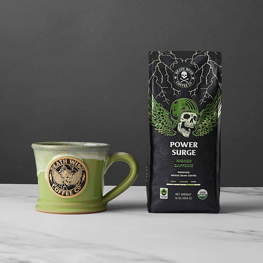 Buy the Death Wish Coffee Power Surge Whole Bean Bundle for a chance to win a Free Golden Ticket Mug.