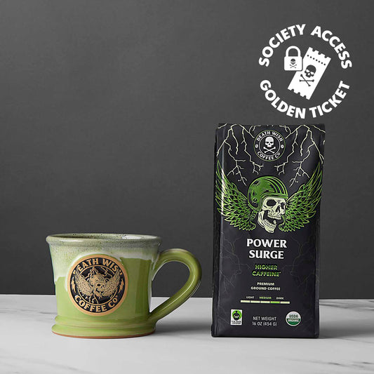 The Death Wish Coffee Power Surge Mug Ground Bundle.
