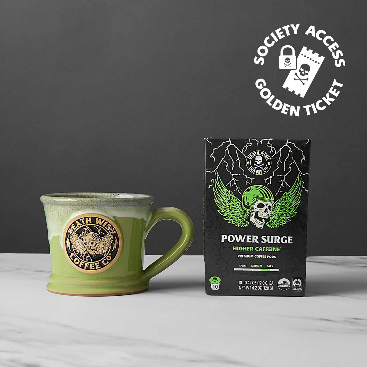 The Death Wish Coffee Power Surge Single-Serve Pod Bundle.