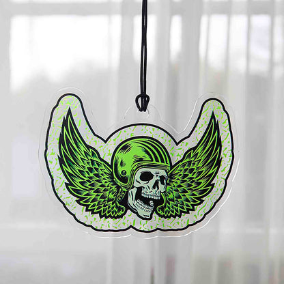 The Death Wish Coffee Power Surge Suncatcher hanging in a window.