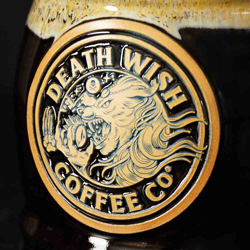The werewolf medallion on the Death Wish Coffee Two Faced Tankard.
