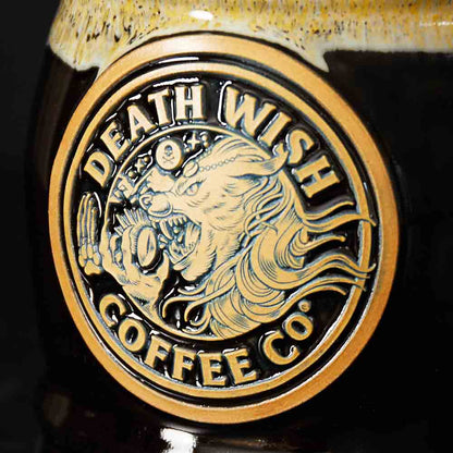 The werewolf medallion on the Death Wish Coffee Two Faced Tankard.