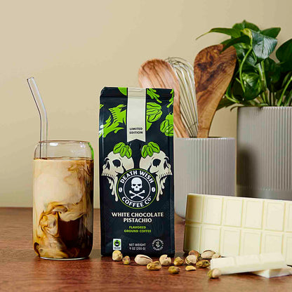 White Chocolate Pistachio Death Wish Coffee brewed over ice.