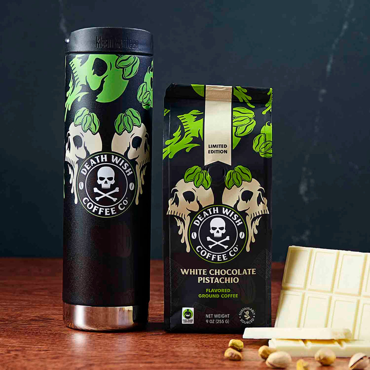 The Death Wish Coffee White Chocolate Pistachio Klean Kanteen (20oz) next to a bag of White Chocolate Pistachio Coffee.
