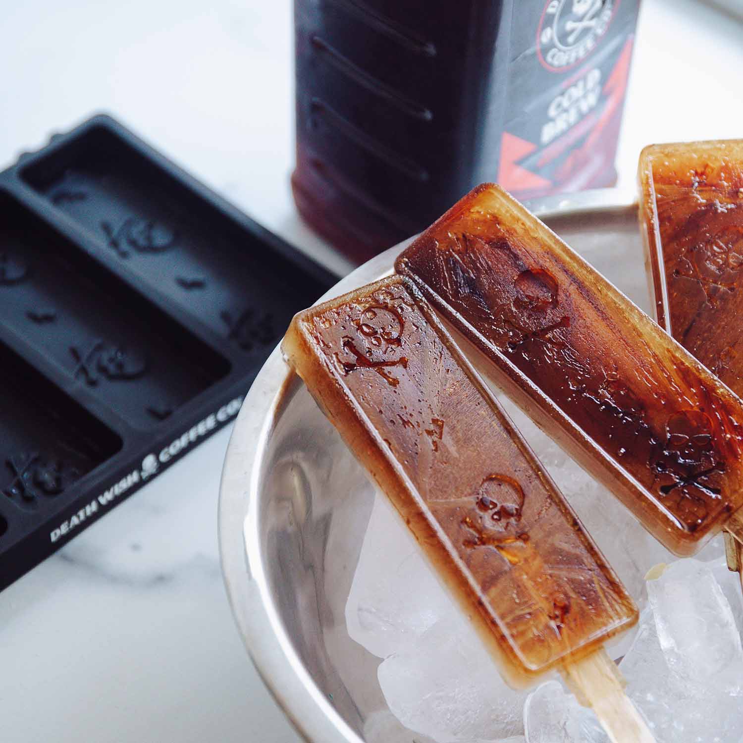 Iced coffee popsicles made using the Death Wish Coffee Full Strength Ice Pop Molds.