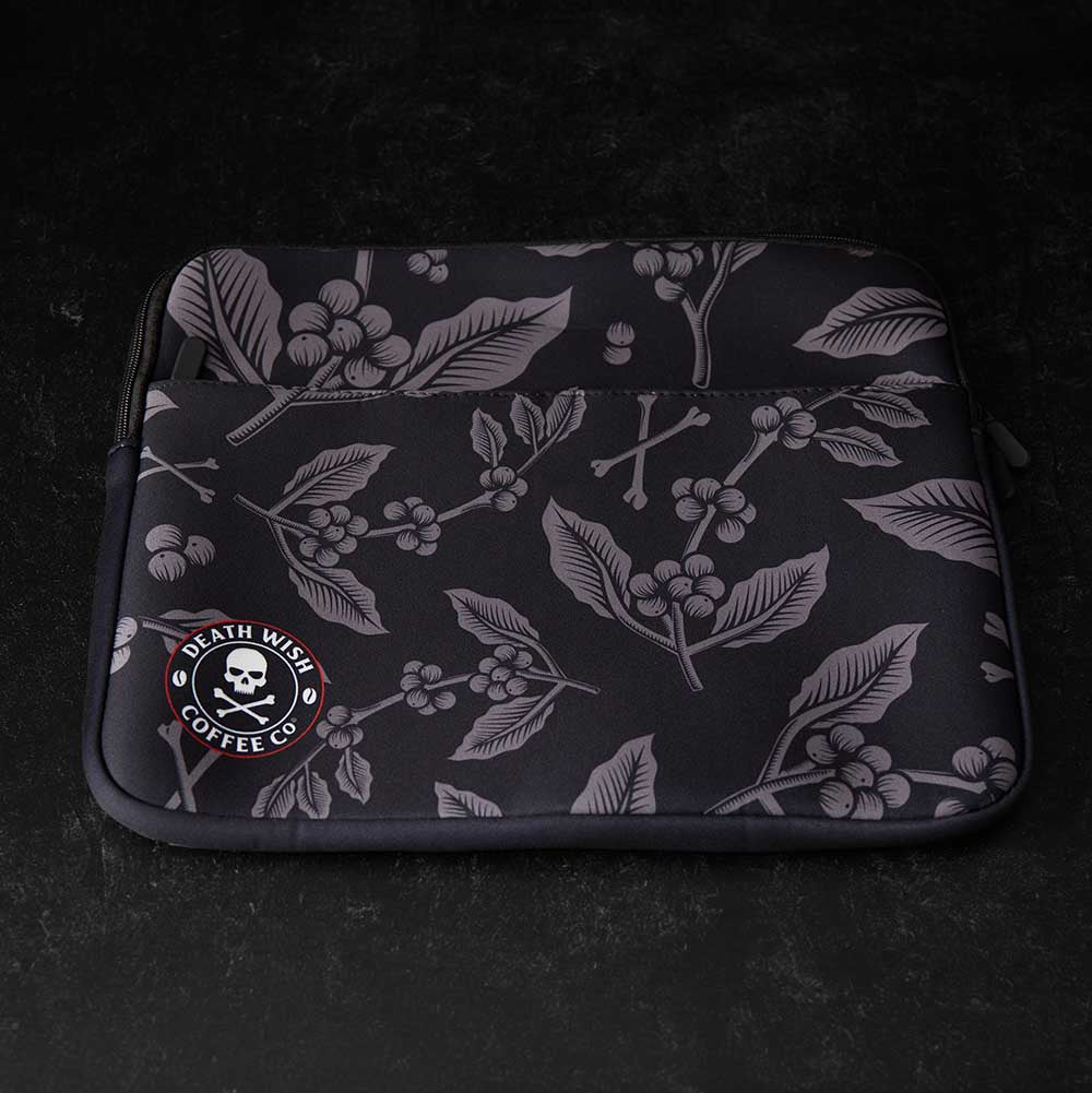 A top down view of the Death Wish Coffee Let It Bloom Laptop Sleeve.