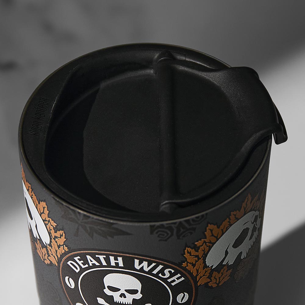 A top down view of the Death Wish Coffee Maple Cinnamon Klean Kanteen.