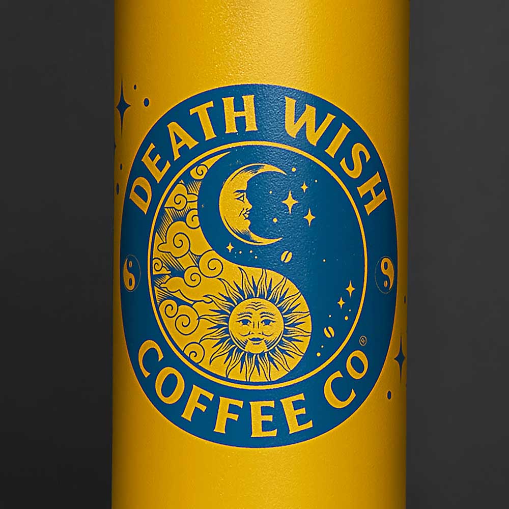 A close up of the Death Wish Coffee Divine Balance Klean Kanteen.