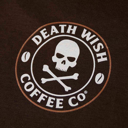 A close up of the back neck of the Death Wish Coffee Maple Cinnamon Tee.