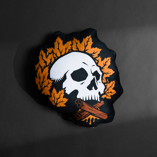 The front of the Death Wish Coffee Maple Cinnamon Flavor Skull Pillow.