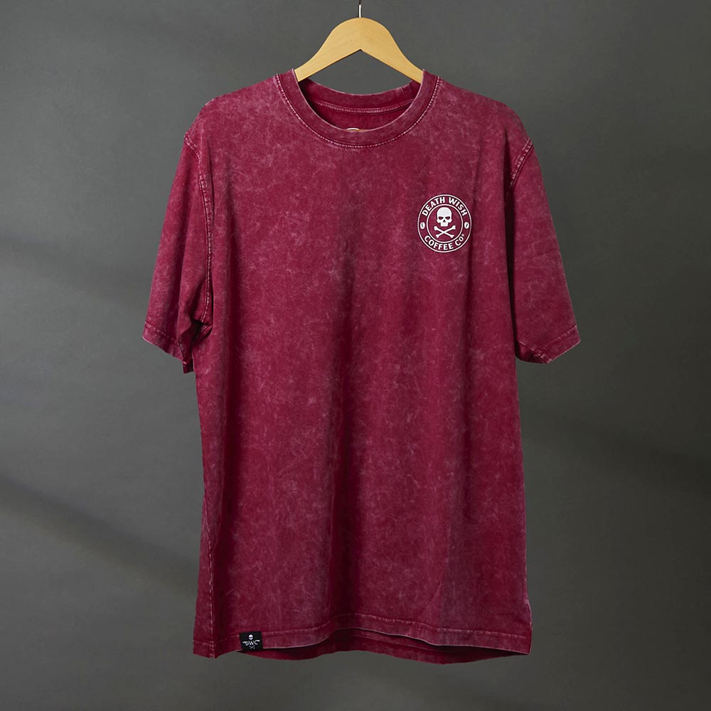 The front of the Death Wish Coffee Red The Room Tee.