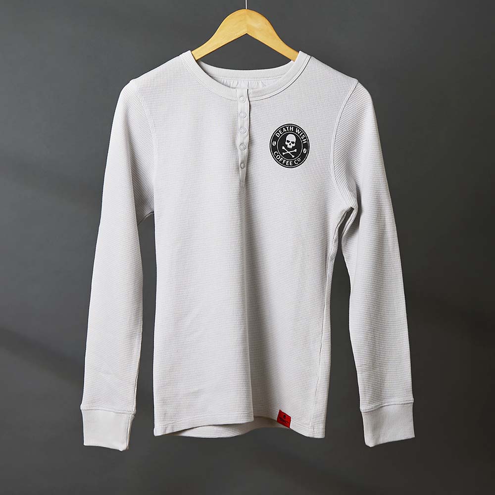 The front of the Death Wish Coffee Rolling Bones Women's Waffle Knit.
