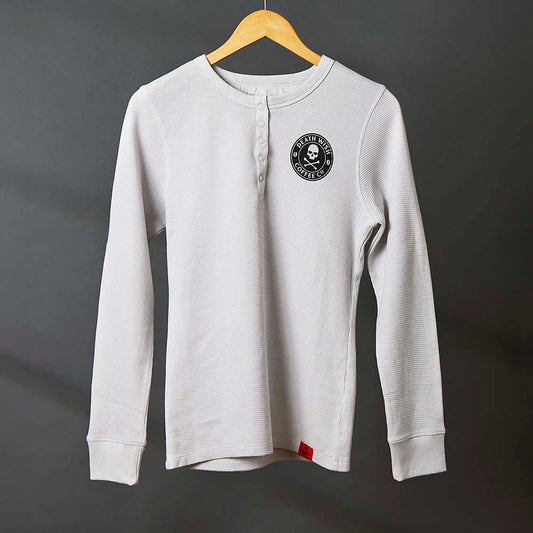 The front of the Death Wish Coffee Rolling Bones Women's Waffle Knit.