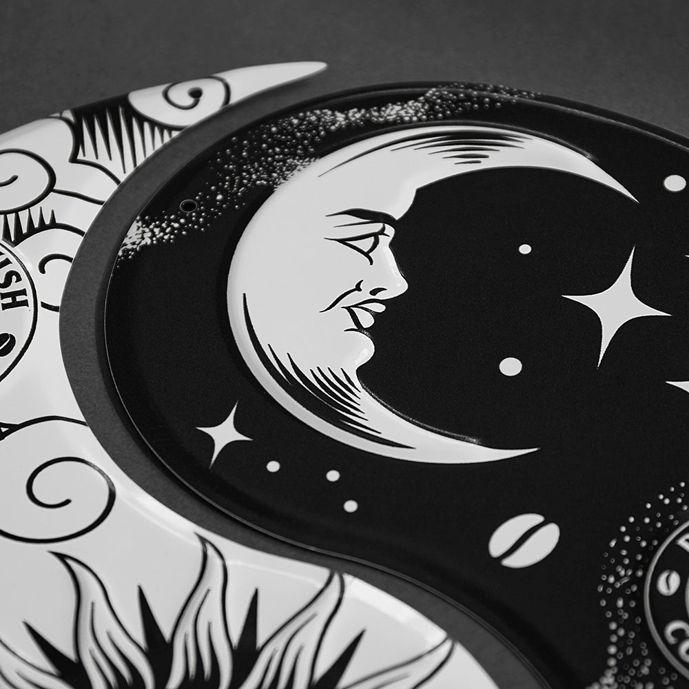 A close up of the Death Wish Coffee Divine Balance Tin Sign.