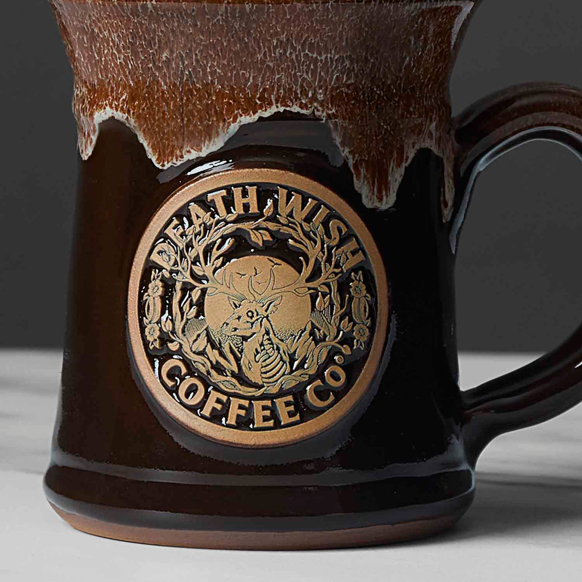 A detail shot of the Death Wish Coffee Call of the Wild Mug.
