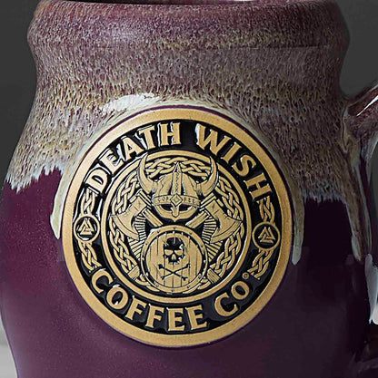 A detail shot of the Death Wish Coffee Valhalla Java Brewed for Battle Bundle Mug.