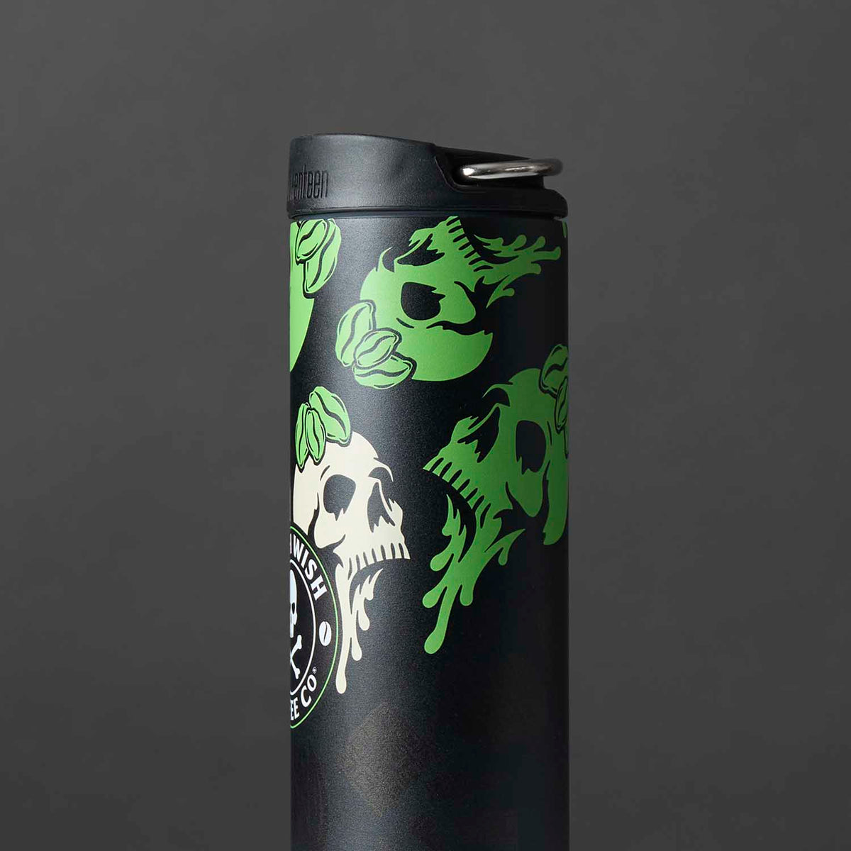 A detail shot of the Death Wish Coffee White Chocolate Pistachio Klean Kanteen (20oz).
