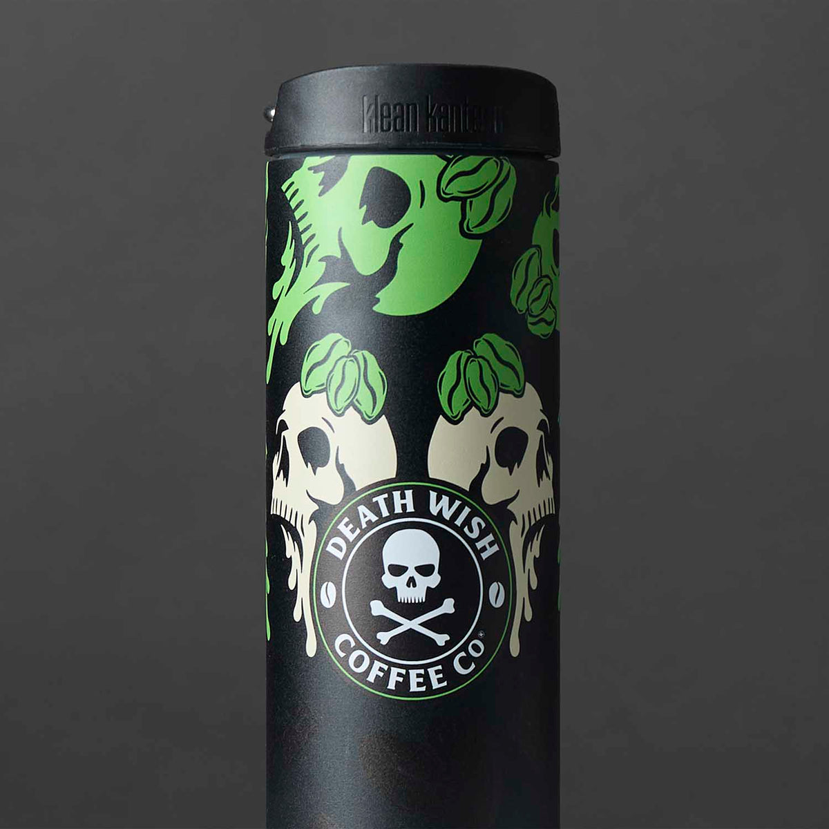 A detail shot of the Death Wish Coffee White Chocolate Pistachio Klean Kanteen (20oz).