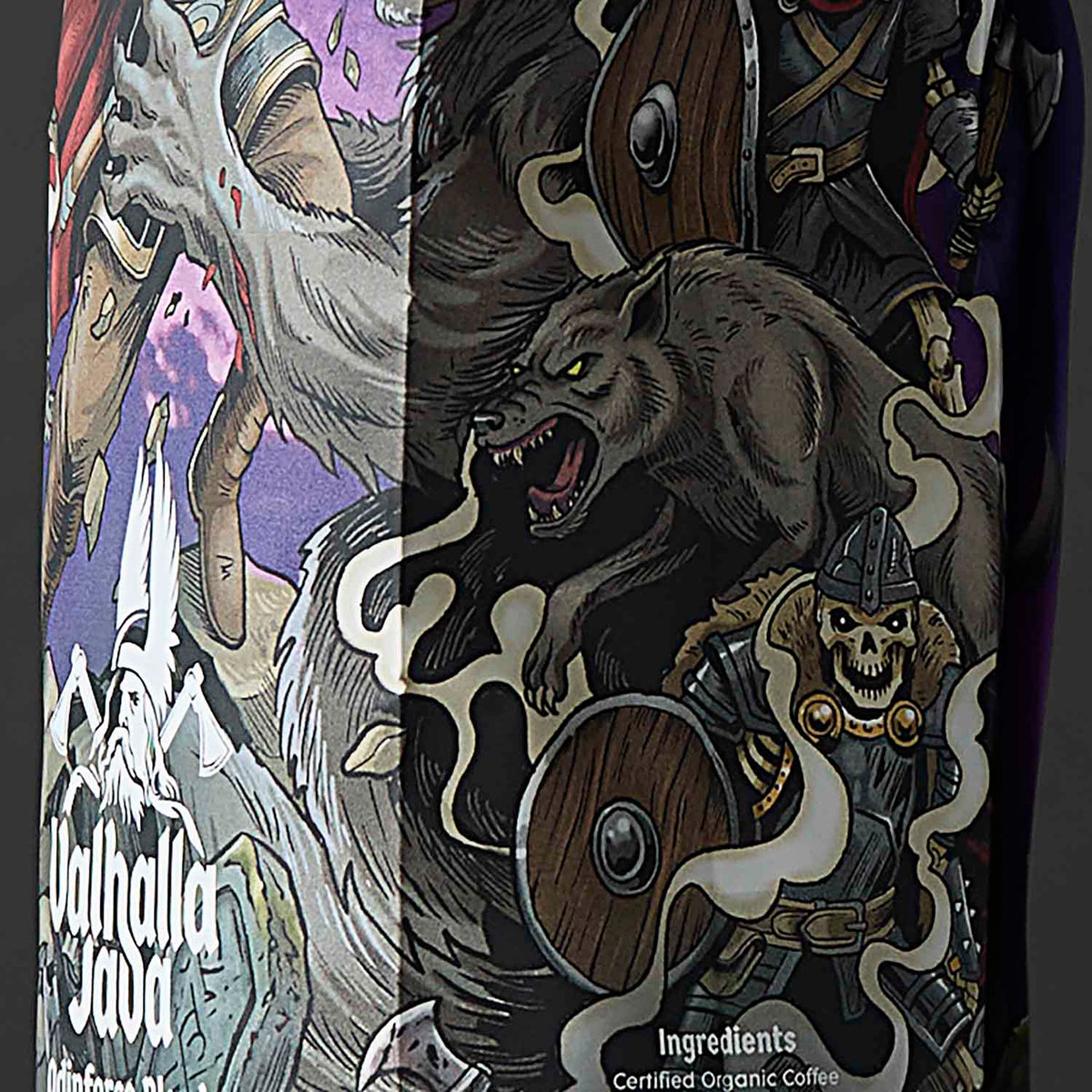 A detail shot of the Death Wish Coffee Valhalla Java Brewed for Battle Bundle.