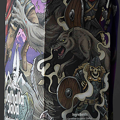 A detail shot of the Death Wish Coffee Valhalla Java Brewed for Battle Bundle.