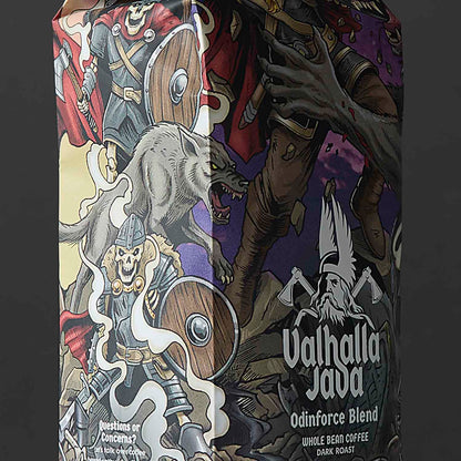 A detail shot of the Death Wish Coffee Valhalla Java Brewed for Battle Bundle.