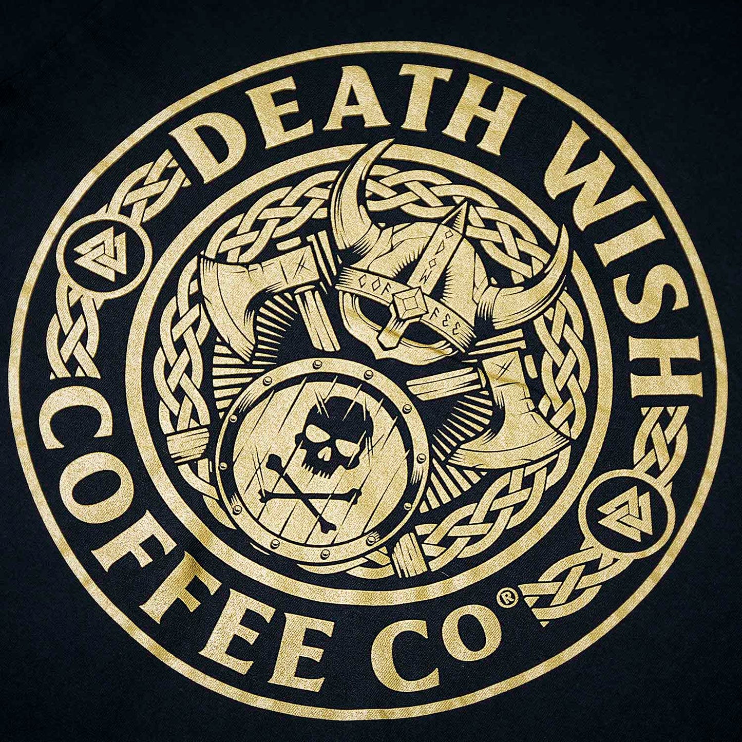 A detail shot of the back of the Death Wish Coffee Gates of Valhalla Long Sleeve.