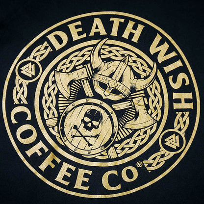 A detail shot of the back of the Death Wish Coffee Gates of Valhalla Long Sleeve.