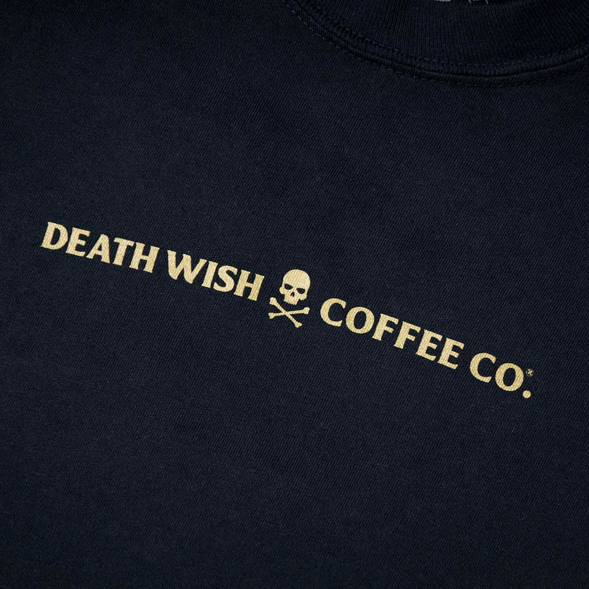 A detail shot of the front of the Death Wish Coffee Gates of Valhalla Long Sleeve.