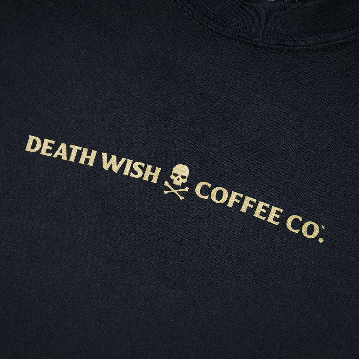 A detail shot of the front of the Death Wish Coffee Gates of Valhalla Long Sleeve.