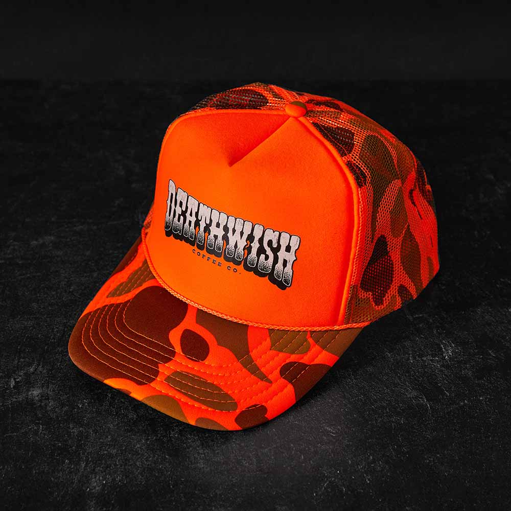 Top down view of the Death Wish Coffee Hardly Hidden Trucker Hat.